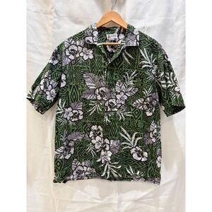 Aloha Republic Mens Large Green Floral Tribal Hawaiian Shirt Made in Hawaii L
